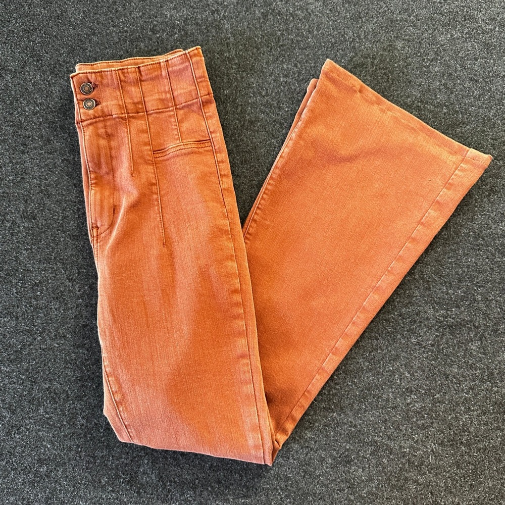 Free People We The Free High Rise Flare Jeans Rust Orange Size 30 Corset Waist